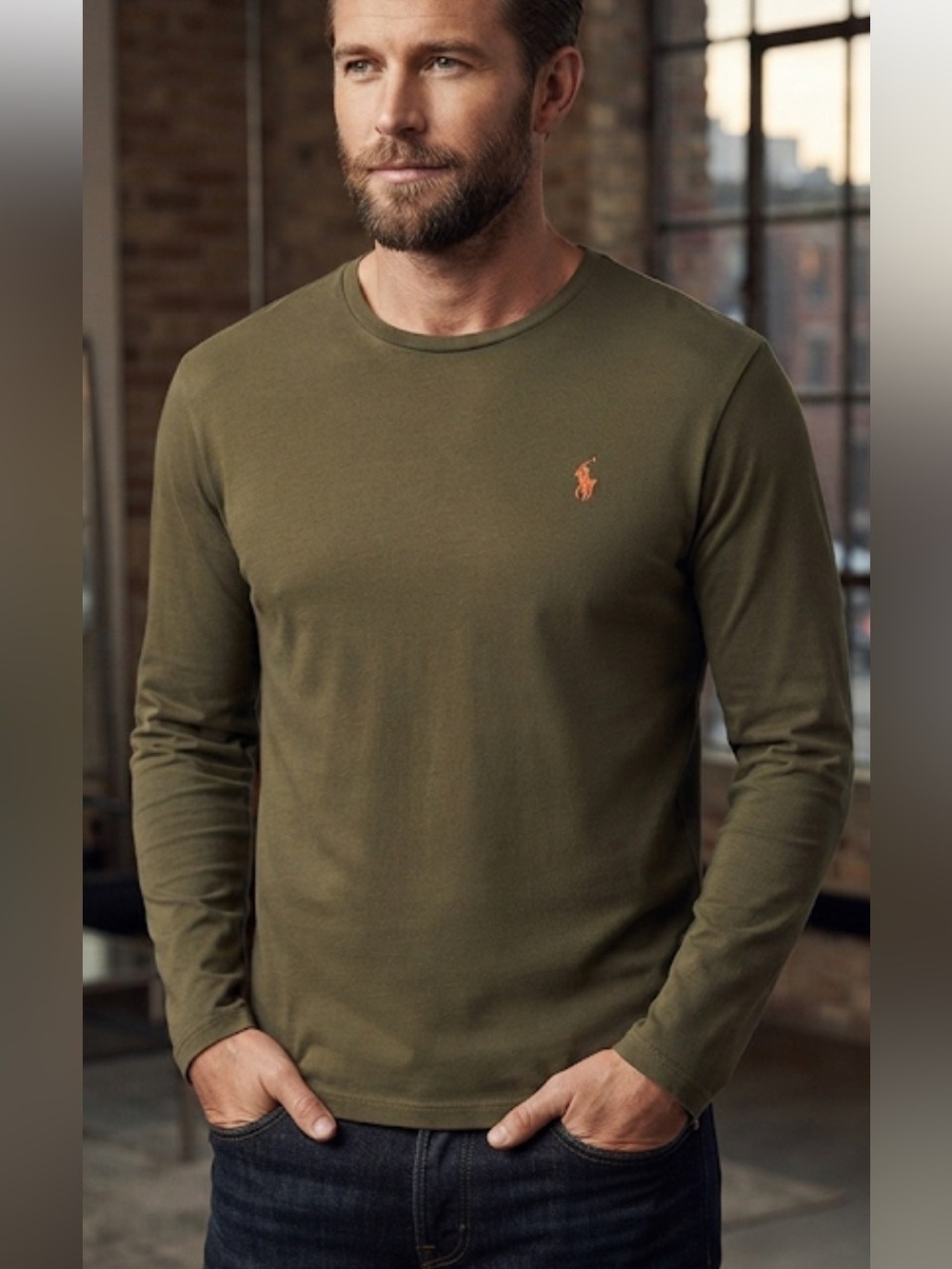 Polo Ralph Lauren Long Sleeve T-Shirt Custom Fit Red Pony Logo medium gray